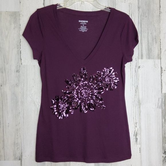 Express Tops - Express purple/plum sequin v-neck t-shirt
